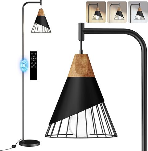 67" Industrial Floor Lamp with Wood & Black Metal Shade, Modern Standing Lamp, Rustic Farmhouse Tall Lamp for Living Room Bedroom Office, 2700K Bulb & Foot Switch Included (Black) in Saudi Arabia