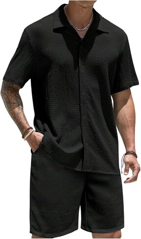 Gorglitter Men Linen Linen Set Button Down Down Down و Shorts يضع ملابس in Saudi Arabia