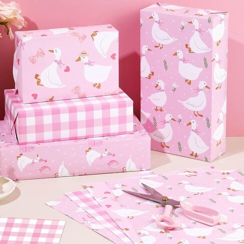 Pineraap 12 Sheets Goose Wrapping Paper, Farm Animal Gift Wrap Paper Cute Goose Gift Packing Paper Folded Flat for Birthday Party Baby Shower DIY Crafts, 19.7 x 27.6 Inch, Pink in Kuwait