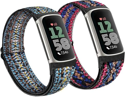 2 حزمة نايلون نايلون نايلون متوافقة مع شحنة فيتبيت 6 / فيتبيت شحنة 5 ، كلاسيكية ناعمة القابلة للضبط على السلة الذكية الاستبدال المعصم للنساء الرجال (Black / Navy Blue) in Kuwait