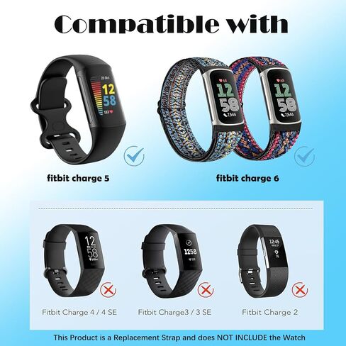 2 حزمة نايلون نايلون نايلون متوافقة مع شحنة فيتبيت 6 / فيتبيت شحنة 5 ، كلاسيكية ناعمة القابلة للضبط على السلة الذكية الاستبدال المعصم للنساء الرجال (Black / Navy Blue) in Kuwait