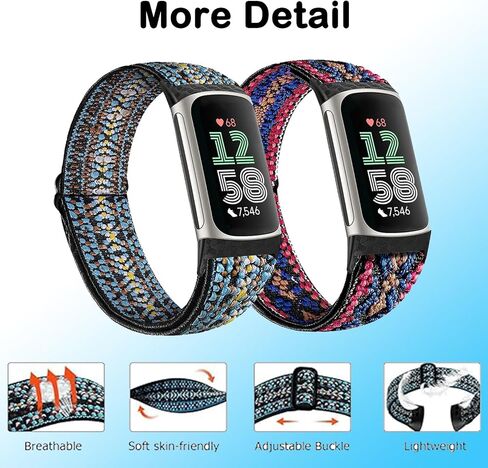 2 حزمة نايلون نايلون نايلون متوافقة مع شحنة فيتبيت 6 / فيتبيت شحنة 5 ، كلاسيكية ناعمة القابلة للضبط على السلة الذكية الاستبدال المعصم للنساء الرجال (Black / Navy Blue) in Kuwait