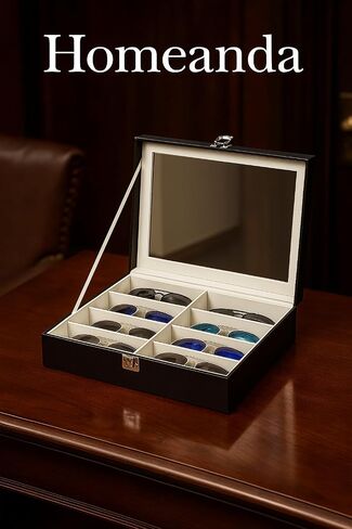 Homeanda Wooden Color 8 Grids Glasses Eyeglasses Case Sun Glasses Holder Eyewear Organizer Sunglasses Box Glasses Case Tray Glasses Display Showcase Organizer Jewelry Tray with Cover in Kuwait