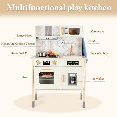Freniland Wooden Play Kitchen Kids Kitch Kitchen Playset مع ضوء حقيقي وصوت صانع الجليد واقعية للموقد ، Oven Chef Printend Toy Toy Kitchen ، ويشمل 31 إكسسوارات هدية للأطفال للطفل الذين تتراوح أعمارهم بين 3 سنوات من الأثاث in Kuwait