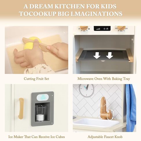Freniland Wooden Play Kitchen Kids Kitch Kitchen Playset مع ضوء حقيقي وصوت صانع الجليد واقعية للموقد ، Oven Chef Printend Toy Toy Kitchen ، ويشمل 31 إكسسوارات هدية للأطفال للطفل الذين تتراوح أعمارهم بين 3 سنوات من الأثاث in Kuwait