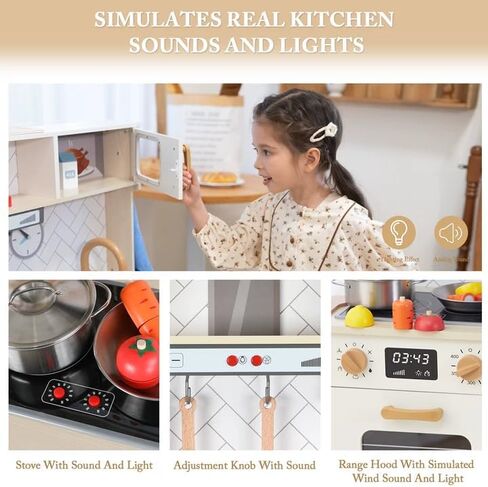 Freniland Wooden Play Kitchen Kids Kitch Kitchen Playset مع ضوء حقيقي وصوت صانع الجليد واقعية للموقد ، Oven Chef Printend Toy Toy Kitchen ، ويشمل 31 إكسسوارات هدية للأطفال للطفل الذين تتراوح أعمارهم بين 3 سنوات من الأثاث in Kuwait