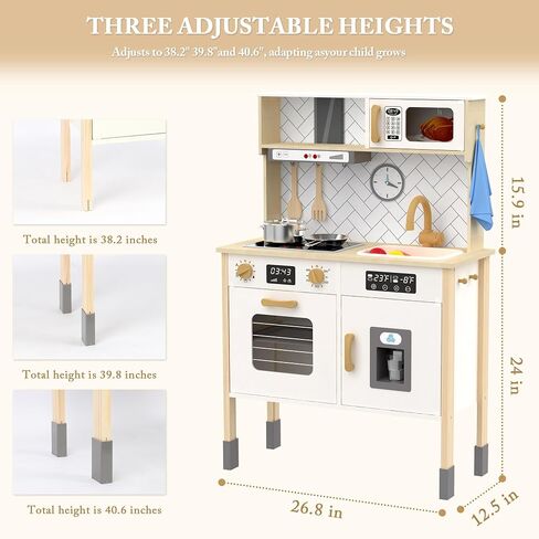 Freniland Wooden Play Kitchen Kids Kitch Kitchen Playset مع ضوء حقيقي وصوت صانع الجليد واقعية للموقد ، Oven Chef Printend Toy Toy Kitchen ، ويشمل 31 إكسسوارات هدية للأطفال للطفل الذين تتراوح أعمارهم بين 3 سنوات من الأثاث in Kuwait