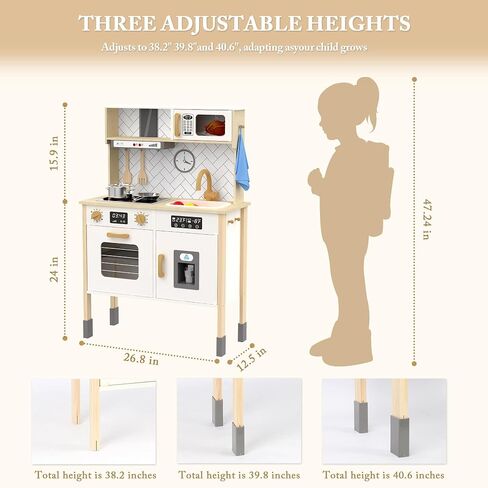 Freniland Wooden Play Kitchen Kids Kitch Kitchen Playset مع ضوء حقيقي وصوت صانع الجليد واقعية للموقد ، Oven Chef Printend Toy Toy Kitchen ، ويشمل 31 إكسسوارات هدية للأطفال للطفل الذين تتراوح أعمارهم بين 3 سنوات من الأثاث in Kuwait