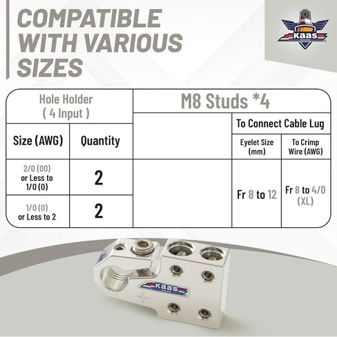 Kaas 8-Way Lead Acid Battery Terminal Connector, Metallic Silver, Positive and Negative Set, Heavy Duty Battery Terminals, for SAE/DIN/EN Tapered Top Post, Compatible with 8AWG to 4/0 AWG in Kuwait