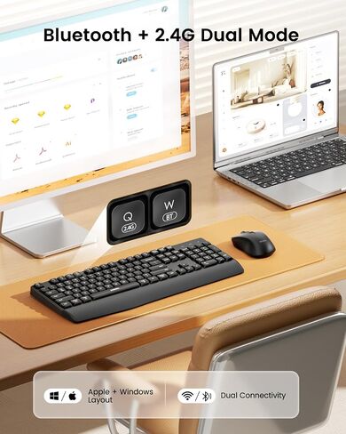 لوحة المفاتيح والماوس Seenda Bluetooth ، USB + Bluetooth متعدد الأجهزة ، مجموعة الماوس لوحة مفاتيح مريحة ، مجموعة لاسلكية كاملة الحجم متوافقة مع Mac OS/Windows PCS Computers Macbooks - الزر الأخضر in Saudi Arabia