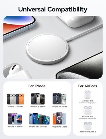 JSAUX Charger for iPhone 17 Magsafe Wireless Charging, Compatible with iPhone 17 Air Pro Max/16/15/14/13/12 Series, Magnetic Mag Safe Charging Pad, Aluminum Alloy, USB & USB C Dual Ports - Blue in Kuwait