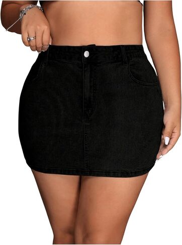 Floerns Women's Plus Size High Cherced Cherced Mini Skirt Bodycon Jean تنانير مع جيوب in Kuwait