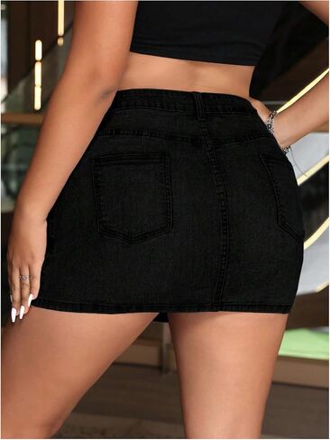 Floerns Women's Plus Size High Cherced Cherced Mini Skirt Bodycon Jean تنانير مع جيوب in Kuwait