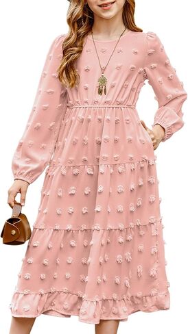 Blibean Tween Girls Fall Dresses Maxi Long Sleeve Polka Dot Outfits مع جيوب من 6 إلى 15 عامًا in Saudi Arabia