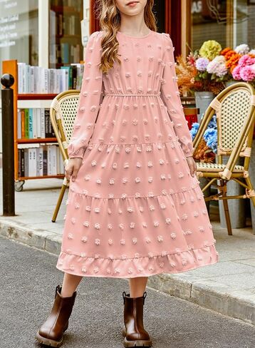 Blibean Tween Girls Fall Dresses Maxi Long Sleeve Polka Dot Outfits مع جيوب من 6 إلى 15 عامًا in Saudi Arabia