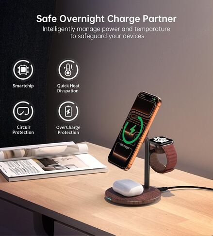 XooFly 3 in 1 Wireless Charging Station for Apple Devices, Fast Wireless Mag-Safe Charger Stand with 20W Adapter for iPhone 17/16 15 14 13 12 Pro Max/Pro/Plus/Air/Mini, iWatch, AirPods (Black) in Saudi Arabia