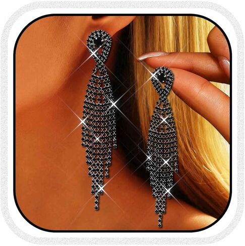 Unicra Long Tassel Rhinestone Earrings Silver Diamond Dangle Earrings Jewelry Sets Crystal Bridal Wedding Earrings Accessories for Women and Brides in Saudi Arabia