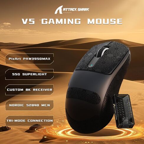 ATTACK SHARK V5 Wireless Gaming Mouse 55g Ultra-Lightweight PAW3950MAX 42K DPI Sensor 8000Hz Polling Rate Tri-Mode-Bluetooth/2.4Ghz/Wired Mice with Coiled Cable for Large Hand-White&Tape in Saudi Arabia