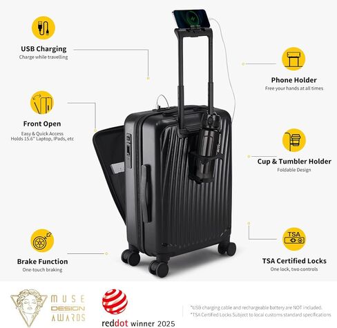 OIWAS 20 Inch Carry On Luggage, Front Pocket Carryon Suitcase with Phone Holder & Cup Holder, Airline Approved Hardshell Luggage with Double TSA Lock, USB Port, One-Click Brake, Black in Saudi Arabia