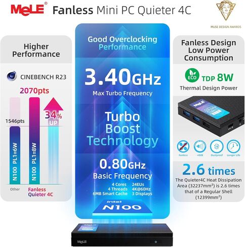 MELE MINI MINI PC أكثر هدوءًا 4C N150 (BET N100) 8GB 128GB كمبيوتر سطح المكتب مع Windows 11 Pro ، 2.4/5G Wi-Fi ، USB-C كامل الوظائف ، سطح المكتب الثلاثي 4K على المكتب ، التعليم ، التعليم الفلكي ، التصوير الفلكي in Kuwait