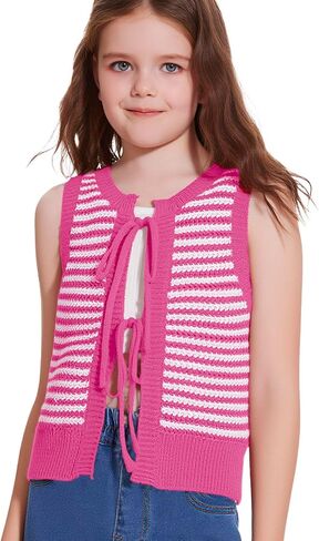 Girls Sweater Vest Kids Casual Sleeveless Crochet Tops Color Block Tie Back Knit Tank Tops in Saudi Arabia