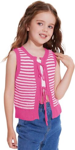 Girls Sweater Vest Kids Casual Sleeveless Crochet Tops Color Block Tie Back Knit Tank Tops in Saudi Arabia