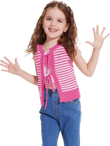 Girls Sweater Vest Kids Casual Sleeveless Crochet Tops Color Block Tie Back Knit Tank Tops in Saudi Arabia