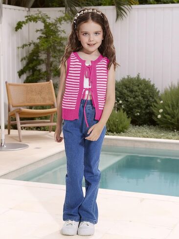 Girls Sweater Vest Kids Casual Sleeveless Crochet Tops Color Block Tie Back Knit Tank Tops in Saudi Arabia