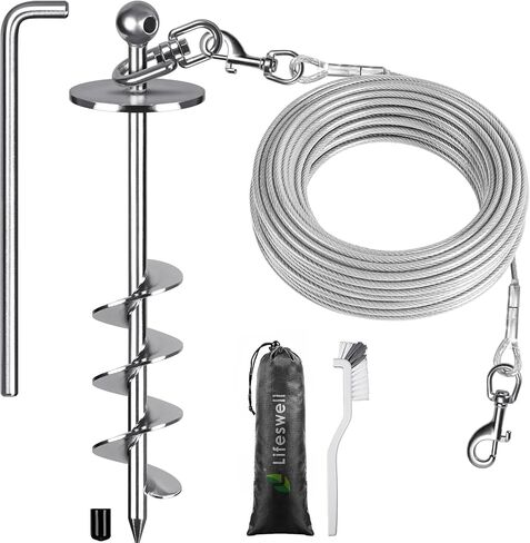 16 Inch Dog Tie Out Stake, Heavy Duty Screw in Anchor for Dogs up to 220lbs, 360° Swivel, No Tangle, Double-Sided Welded Spiral Ground Anchor for Yard, Camping, and Beach in Kuwait
