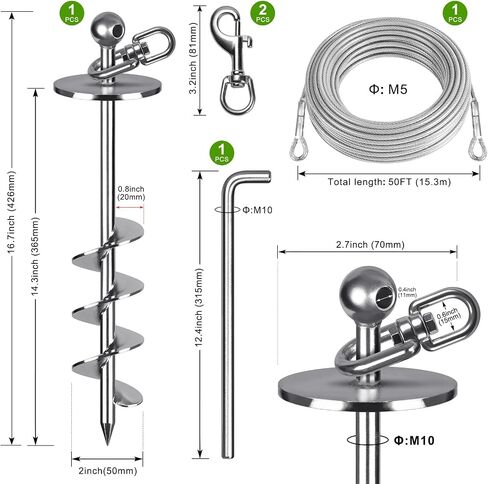 16 Inch Dog Tie Out Stake, Heavy Duty Screw in Anchor for Dogs up to 220lbs, 360° Swivel, No Tangle, Double-Sided Welded Spiral Ground Anchor for Yard, Camping, and Beach in Kuwait