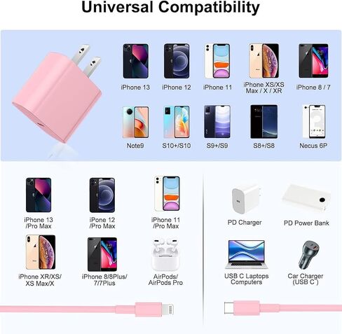 شاحن iPhone سريع، قابس كتلة شاحن حائط USB C وسلك كابل شحن بطول 10 أقدام من النوع C إلى Lightning، محول صندوق مكعبات PD 20 وات لهاتف Apple iPhone 14 Pro Max/14 Plus/14/13/12 Mini/11/XS Max/XR /X in Kuwait