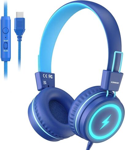 سماعات رأس للأطفال للمدرسة، سماعات رأس USB من النوع C للأطفال مع أضواء LED، سماعات رأس سلكية للأولاد والبنات مع محدد آمن 85 ديسيبل/94 ديسيبل، سماعات رأس قابلة للطي على الأذن مع ميكروفونات للمدرسة/جهاز iPad in Kuwait