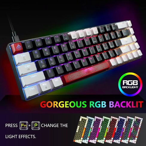 لوحة مفاتيح ميكانيكية سلكية 60% من FELICON، لوحة مفاتيح ألعاب صغيرة مدمجة بإضاءة خلفية RGB 68 مفتاحًا، جميع المفاتيح مضادة للشبح، لوحة ماوس ملونة مقاومة للماء من النوع C لأجهزة الكمبيوتر المحمول التي تعمل بنظام Windows وأجهزة الكمبيوتر المحمول Mac (مفتاح  in Saudi Arabia