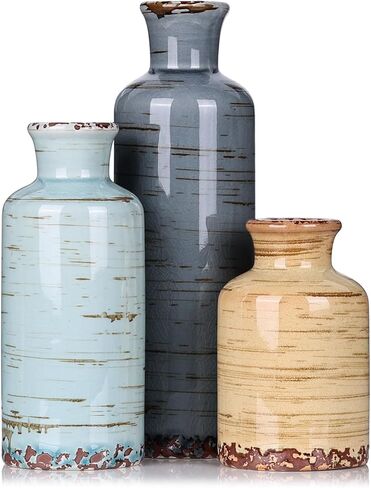 Blue Ceramic Vases Set - 3 Blue Small Vase, Farmhouse Country Blues Vases Home Decor, Living Room Decoration, Table Decoration, Fireplace Decor, and Entrance Decorations Centerpieces in Saudi Arabia