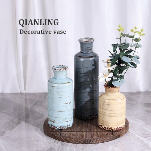 Blue Ceramic Vases Set - 3 Blue Small Vase, Farmhouse Country Blues Vases Home Decor, Living Room Decoration, Table Decoration, Fireplace Decor, and Entrance Decorations Centerpieces in Saudi Arabia