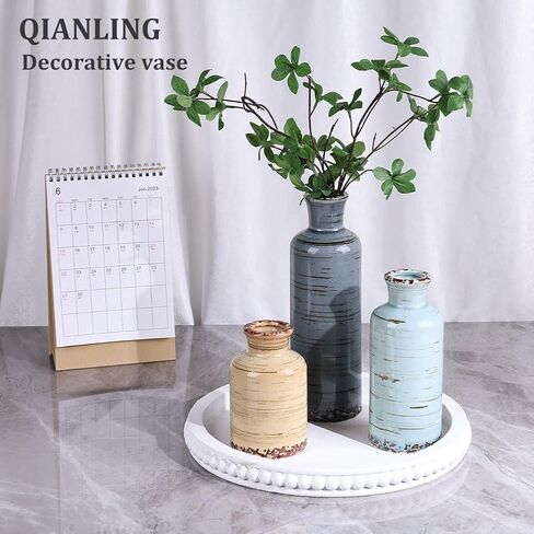 Blue Ceramic Vases Set - 3 Blue Small Vase, Farmhouse Country Blues Vases Home Decor, Living Room Decoration, Table Decoration, Fireplace Decor, and Entrance Decorations Centerpieces in Saudi Arabia
