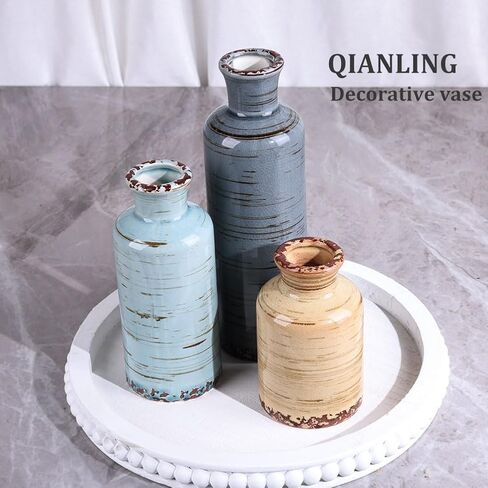 Blue Ceramic Vases Set - 3 Blue Small Vase, Farmhouse Country Blues Vases Home Decor, Living Room Decoration, Table Decoration, Fireplace Decor, and Entrance Decorations Centerpieces in Saudi Arabia