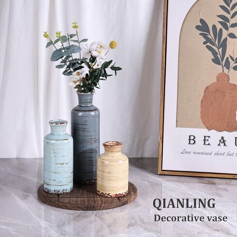 Blue Ceramic Vases Set - 3 Blue Small Vase, Farmhouse Country Blues Vases Home Decor, Living Room Decoration, Table Decoration, Fireplace Decor, and Entrance Decorations Centerpieces in Saudi Arabia