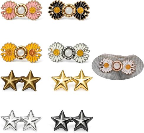 8 Sets Pant Waist Tighteners Flower Butterfly Pearl Jean Buttons Pins No-Sew Metal Clips for Jeans and Pants Adjustable & Reusable Star Button Pins Mix in Kuwait