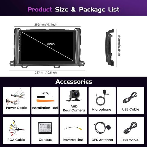 2+64GB Android 15 Car Stereo for Toyota Sienna 2011-2014 Wireless Carplay, 9'' Touch Screen Car Radio Android Auto, GPS Navi, WiFi, Bluetooth Audio Receiver, SWC, Backup Camera, FM RDS Radio in Saudi Arabia