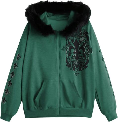 SOLY HUX Women's Zip Up Hoodie Streetwear Graphic Hoodies Y2K Jacket with Fur Collar 90s Outfits Gothic Scene Clothes in Saudi Arabia