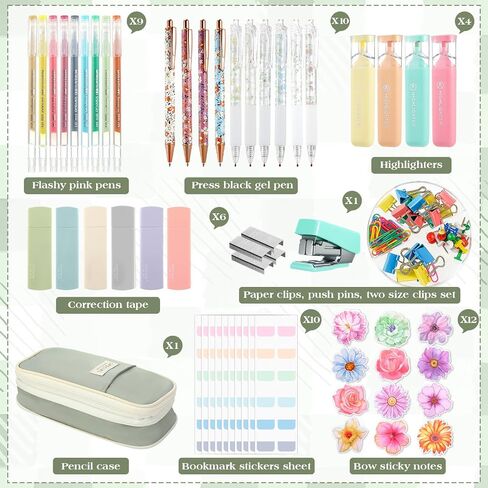 Eersida 58 Pcs Coquette Aesthetic School Office Supplies with Large Pencil Pouch Ink Gel Pens Highlighters Pink Bow Sticky Notes Color Pens Stapler Set for Student Stationary in Saudi Arabia
