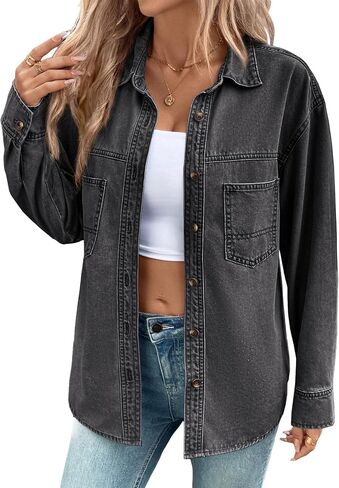 Sidefeel Women Denim Shirts Long Sleeve Button Down Blouse V Neck Casual Tops in Saudi Arabia