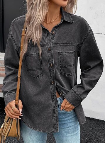 Sidefeel Women Denim Shirts Long Sleeve Button Down Blouse V Neck Casual Tops in Saudi Arabia