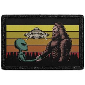 Alien & Bigfoot Shaking Hands | Hook and Loop Attach for Hats, Jeans, Vest, Coat | 2x3 in | by Pull Patch in Saudi Arabia