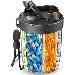 7-Compartment Pill Dispenser & Organizer - Large Supplement Organizer for Travel, Anti-Mixing Design, BPA-Free with Strap & 20 Sticky Labels(Light Blue) in Kuwait