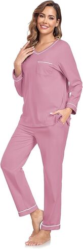 EA'S SECRET 100% cotton Pajamas for Women Long Sleeve Top with Pants 2 Piece Soft Lounge Sleepwear with pocket in Kuwait