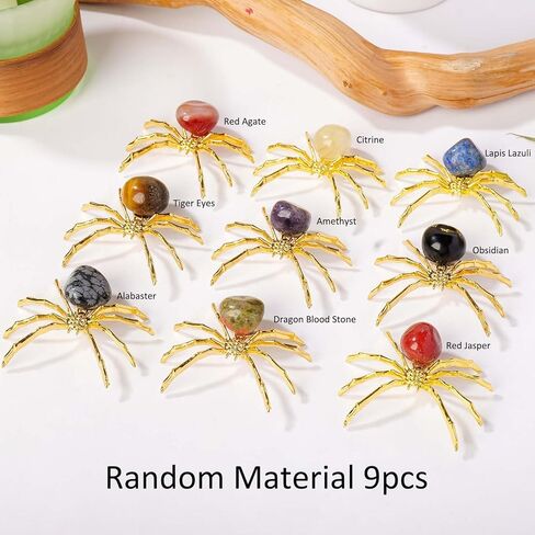 9pcs أحجار كريستال طبيعية مع سبيكة فضية العنكبوت يدويًا يدويًا ديكور هالوين شفاء الهدية الكريستالية للمنزل والمكتب مجموعة تمثال للحيوانات فريدة من نوعها in Kuwait