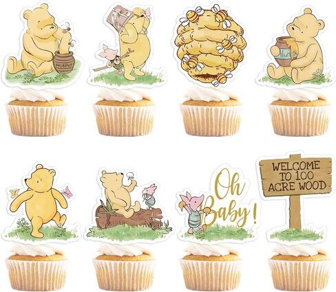 48pcs Classic Winnie Bear Themed Cupcake Toppers, Oh Baby Pooh Balloon Toppers for Baby Shower/First Birthday Party Decorations in Kuwait