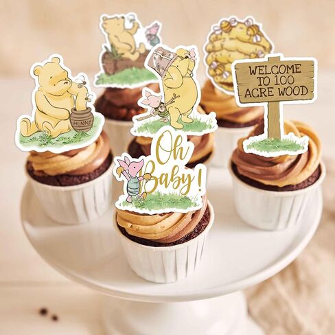 48pcs Classic Winnie Bear Themed Cupcake Toppers, Oh Baby Pooh Balloon Toppers for Baby Shower/First Birthday Party Decorations in Kuwait
